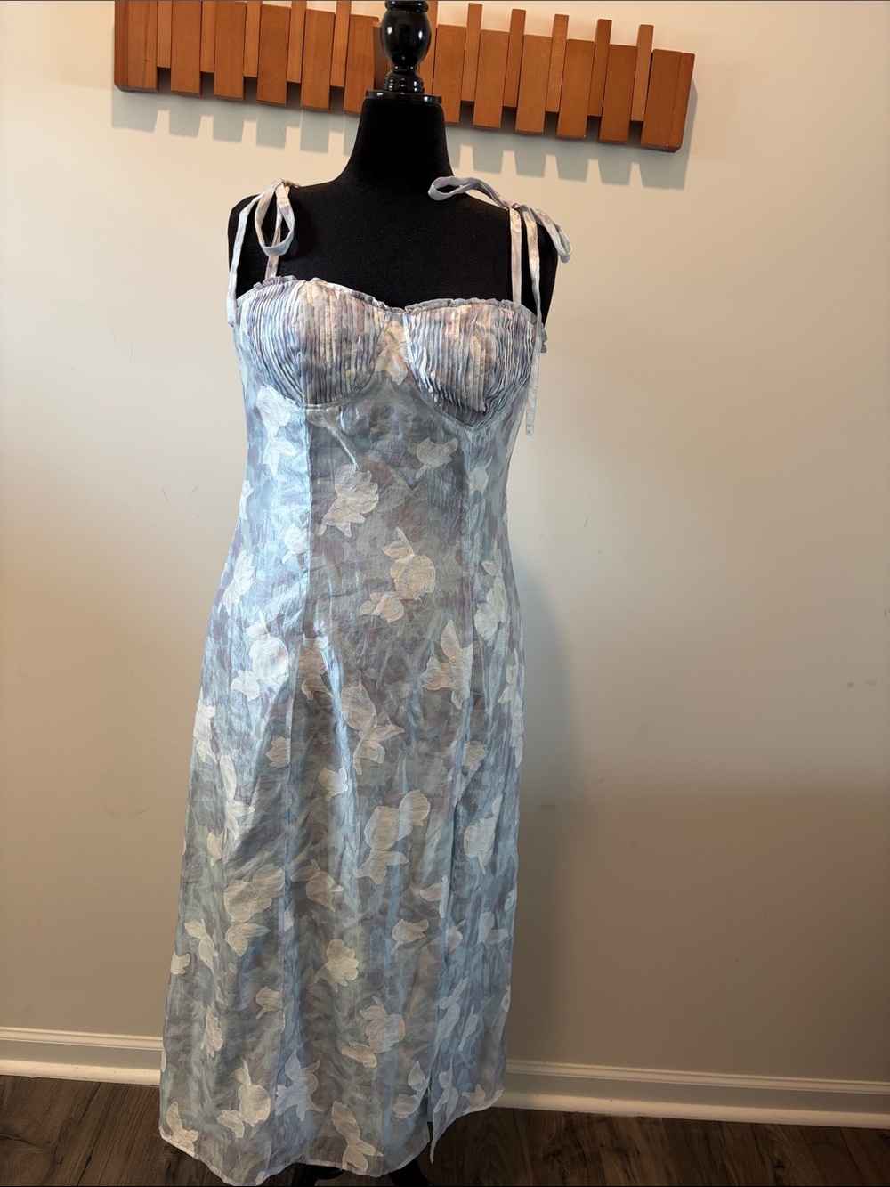 Lulu's Pale Blue Floral Satin Slip with Tie Shoulder Straps